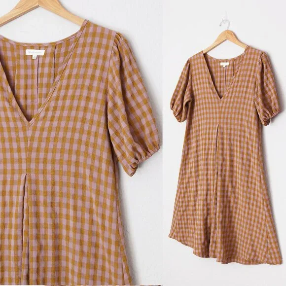 Reminiscence Gingham Plaid Seersucker Puff Short Sleeves Flared Dress Mini Tan - Picture 4 of 13